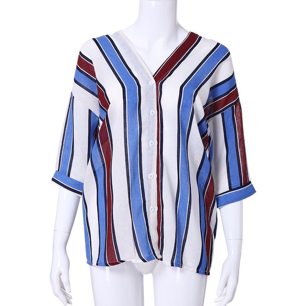Striped Button up Blue Red Top